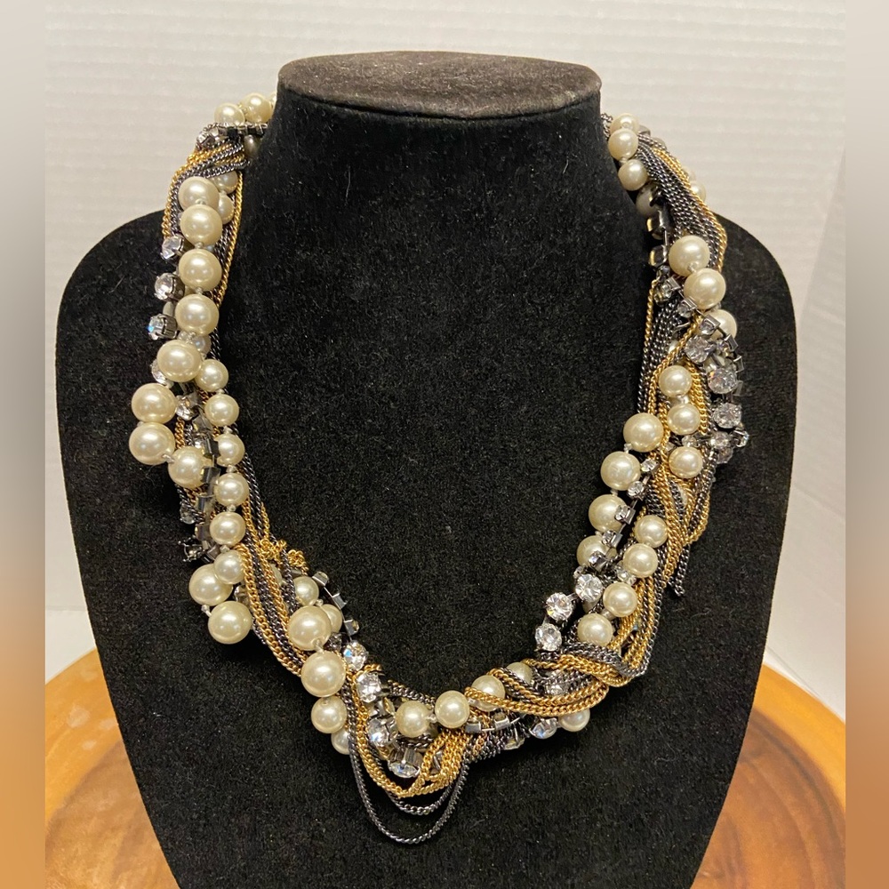 JCrew Multi Strand Layered Pearls rhinestones Chains Necklace Choker